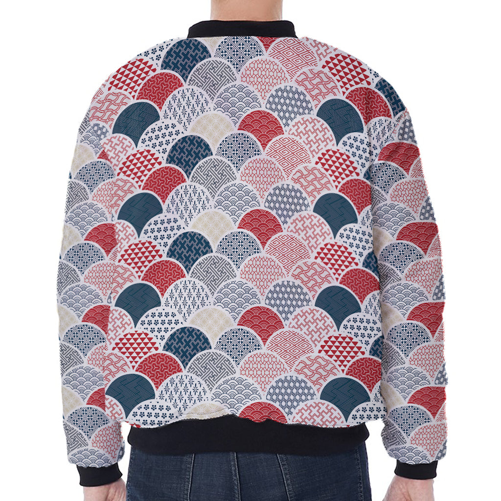 Japanese Geometric Pattern Print Zip Sleeve Bomber Jacket