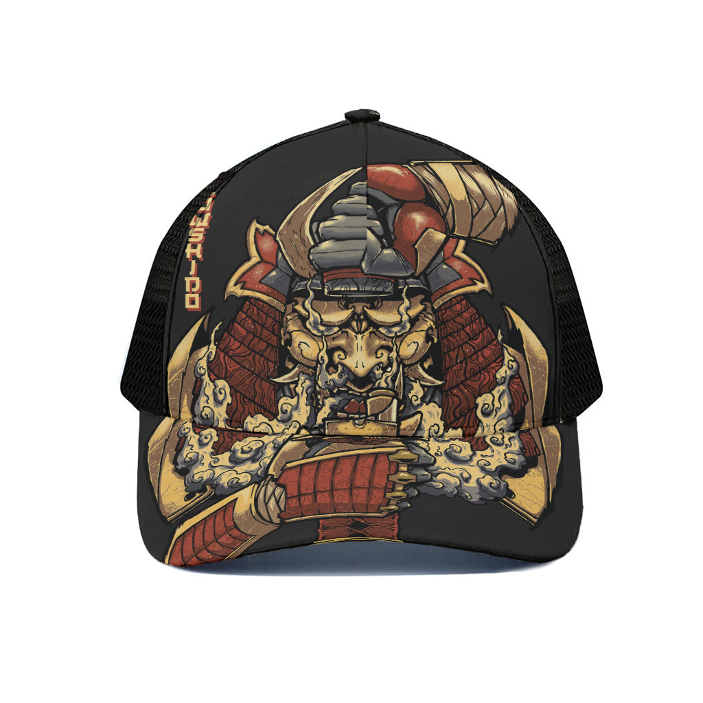 Japanese Ghost Samurai Print Black Mesh Trucker Cap