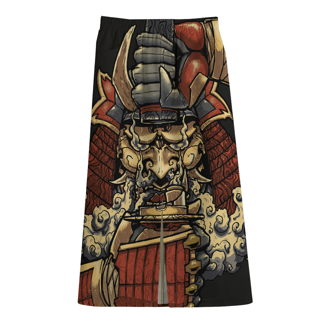 Japanese Ghost Samurai Print Cotton Front Slit Maxi Skirt