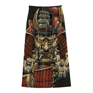 Japanese Ghost Samurai Print Cotton Front Slit Maxi Skirt