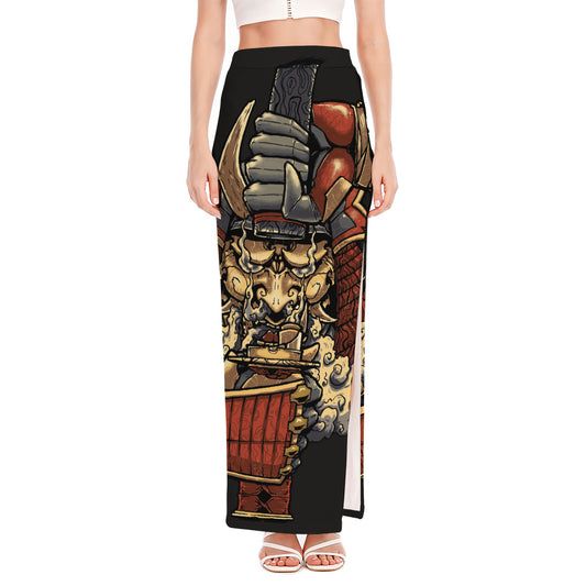 Japanese Ghost Samurai Print High Slit Maxi Skirt