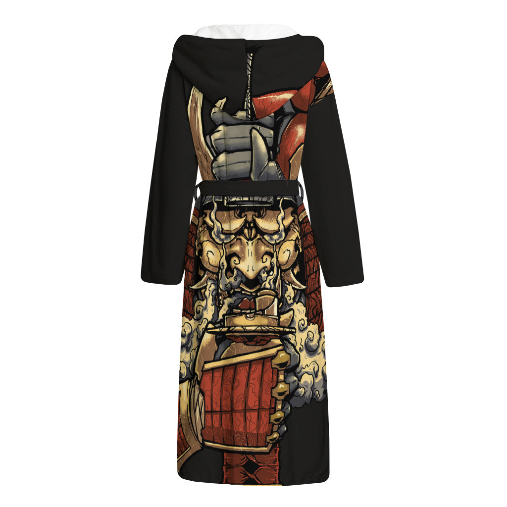 Japanese Ghost Samurai Print Hooded Bathrobe