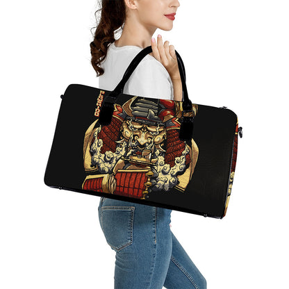 Japanese Ghost Samurai Print Leather Duffle Bag