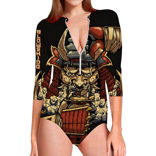 Japanese Ghost Samurai Print Long Sleeve Swimsuit
