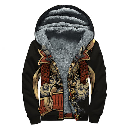 Japanese Ghost Samurai Print Sherpa Lined Zip Up Hoodie