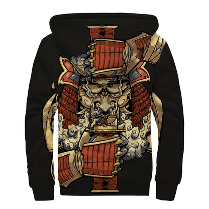 Japanese Ghost Samurai Print Sherpa Lined Zip Up Hoodie