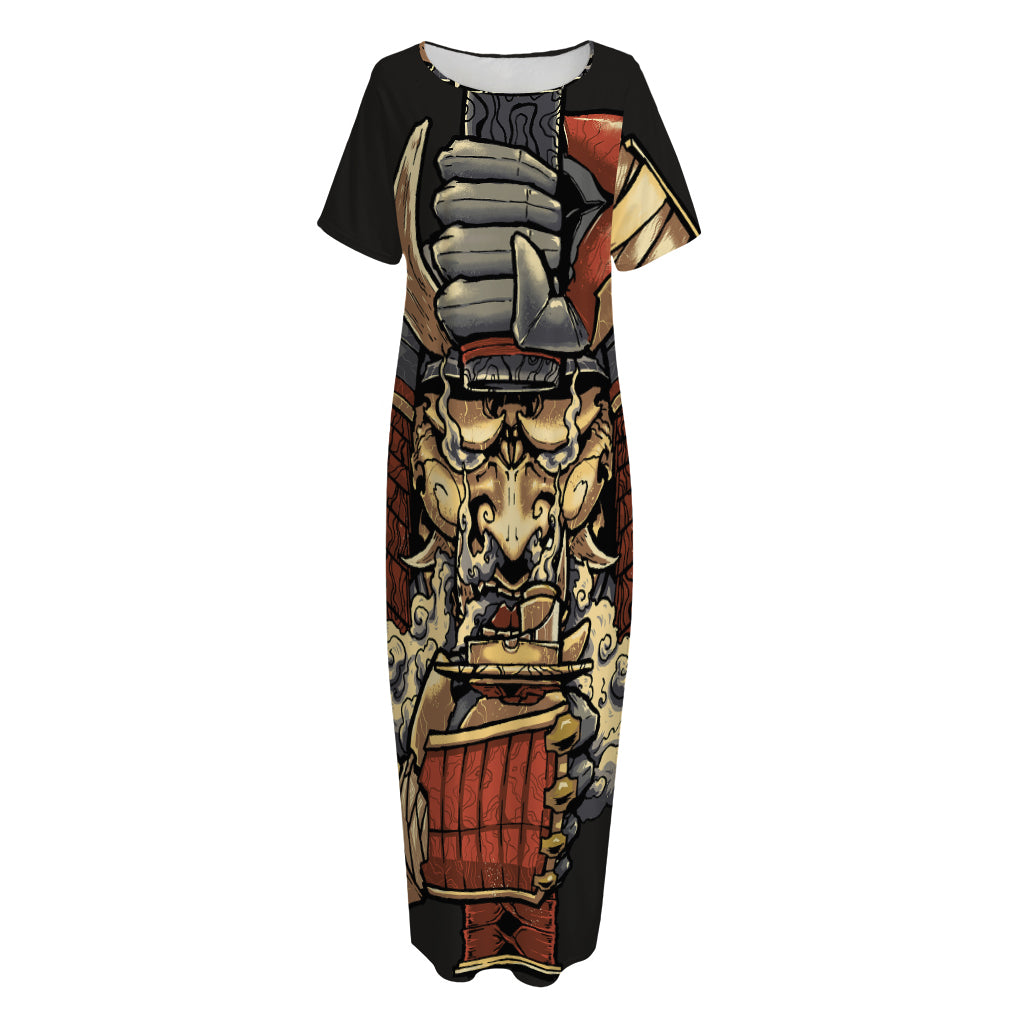 Japanese Ghost Samurai Print Short Sleeve Long Nightdress