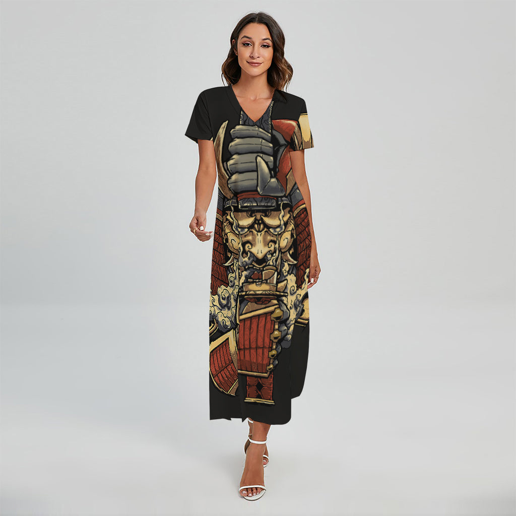 Japanese Ghost Samurai Print Short Sleeve Maxi Dress