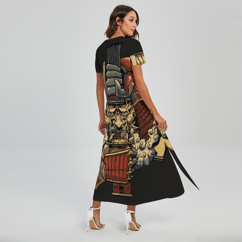 Japanese Ghost Samurai Print Short Sleeve Maxi Dress