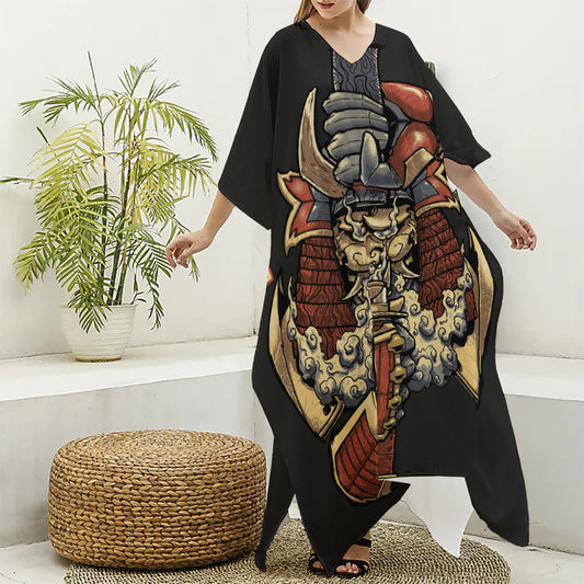 Japanese Ghost Samurai Print Silk V-Neck Kaftan Dress