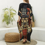 Japanese Ghost Samurai Print Silk V-Neck Kaftan Dress