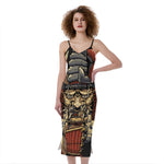 Japanese Ghost Samurai Print Slim Fit Midi Cami Dress