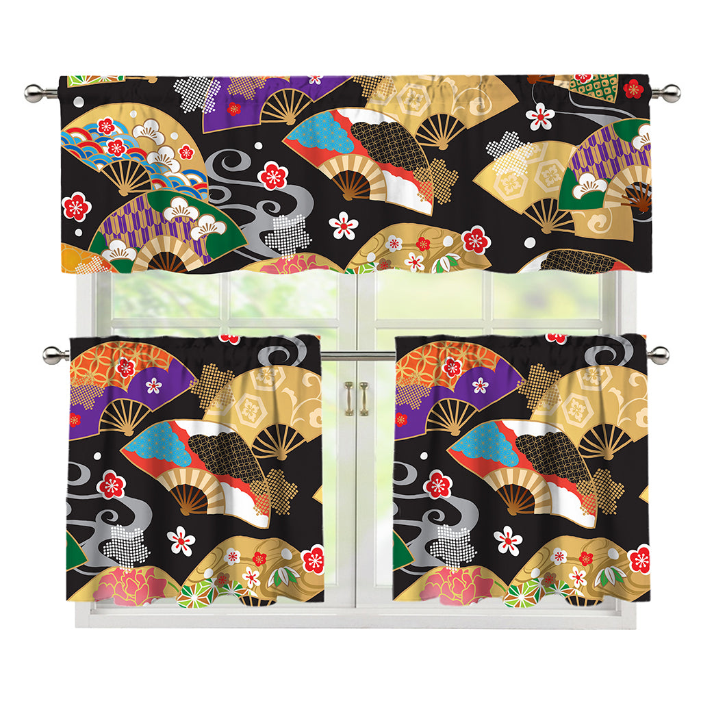 Japanese Hand Fan Pattern Print 3 Piece Kitchen Curtains
