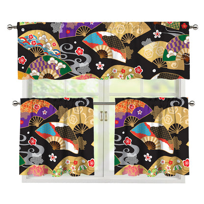 Japanese Hand Fan Pattern Print 3 Piece Kitchen Curtains