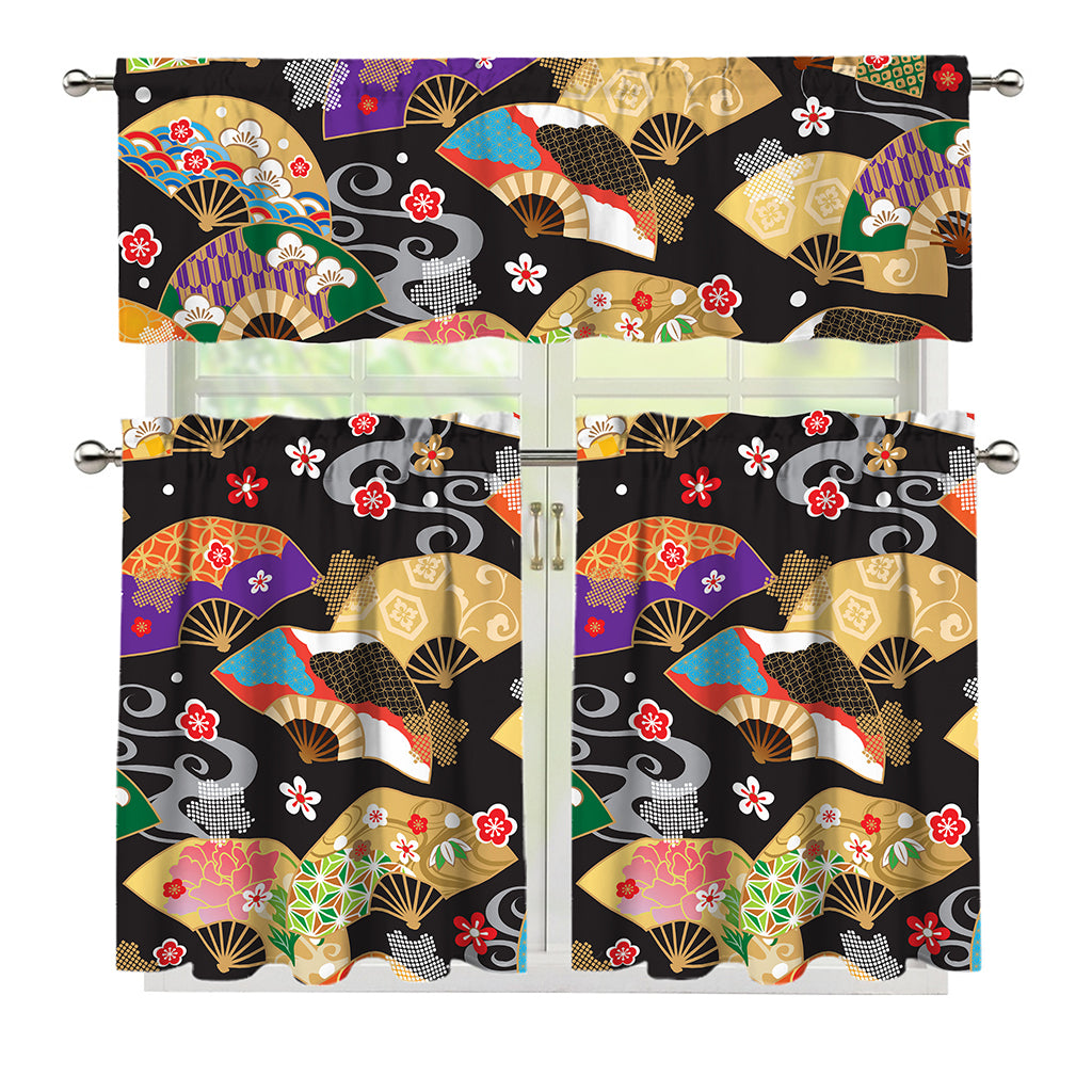 Japanese Hand Fan Pattern Print 3 Piece Kitchen Curtains