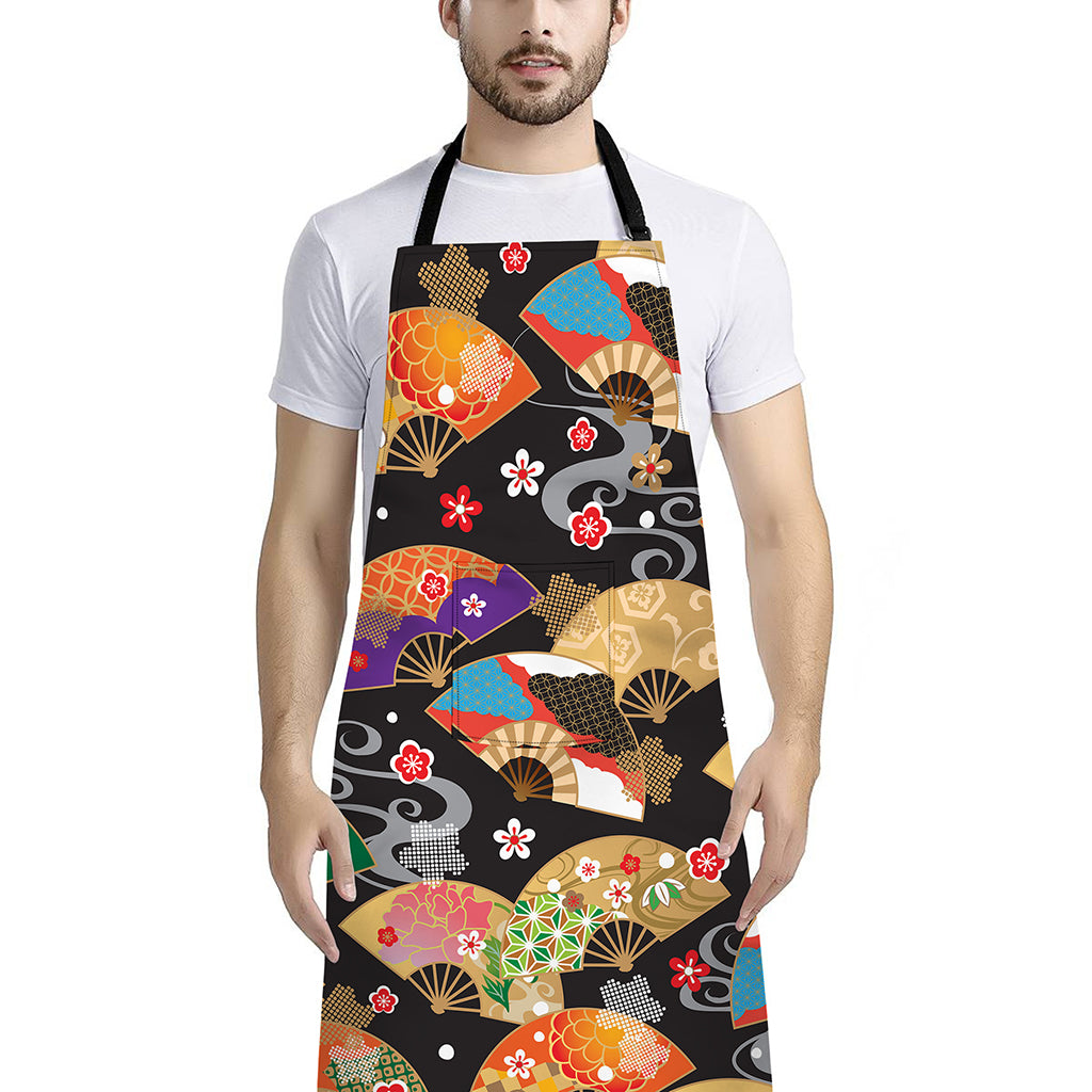 Japanese Hand Fan Pattern Print Bib Apron With Pocket