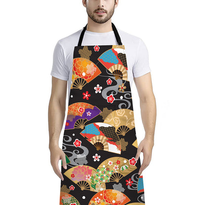 Japanese Hand Fan Pattern Print Bib Apron With Pocket