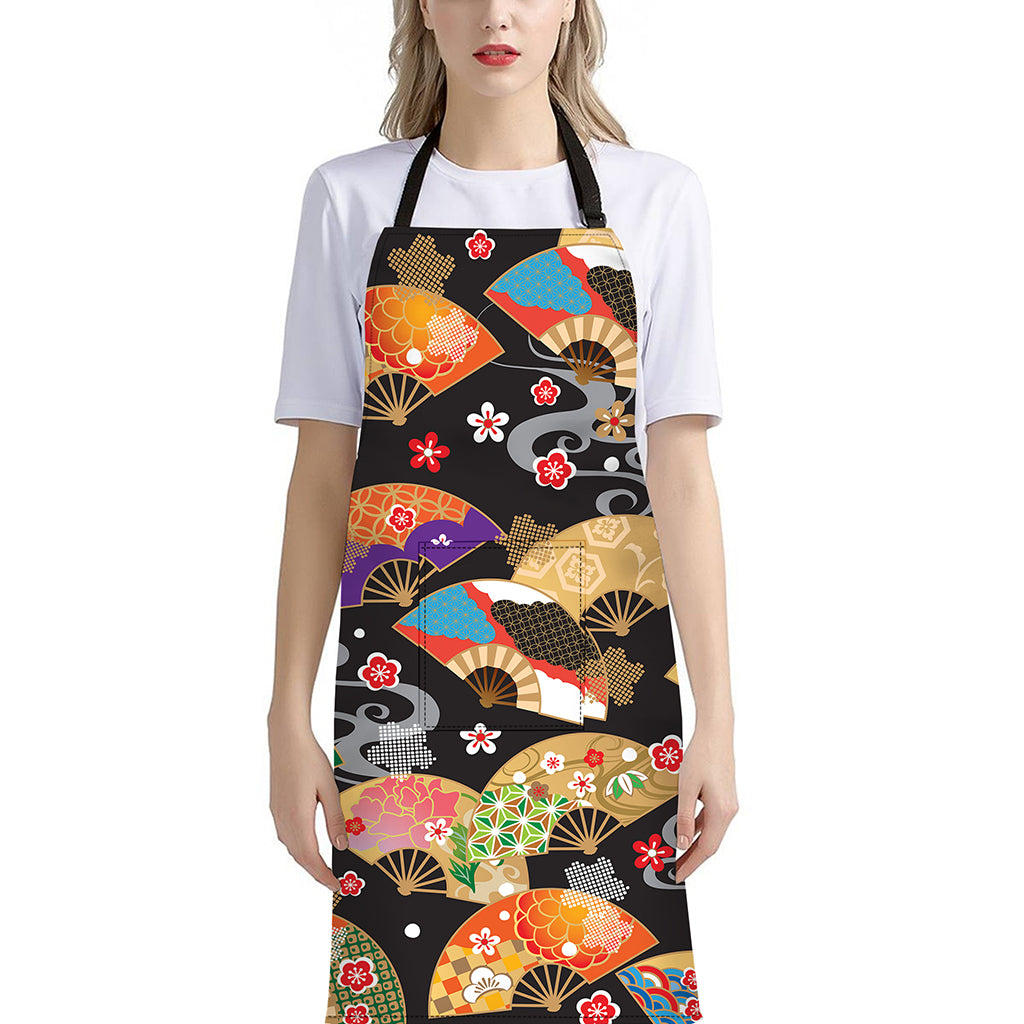 Japanese Hand Fan Pattern Print Bib Apron With Pocket