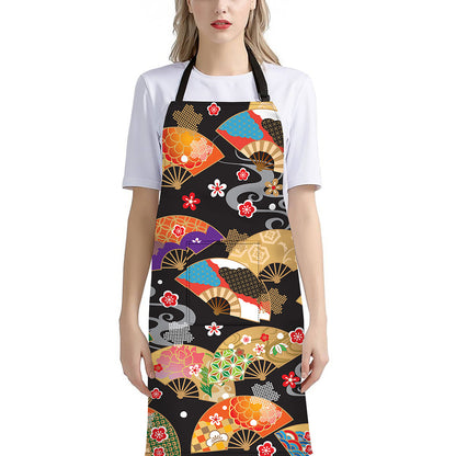 Japanese Hand Fan Pattern Print Bib Apron With Pocket