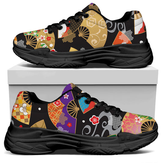 Japanese Hand Fan Pattern Print Black Chunky Shoes
