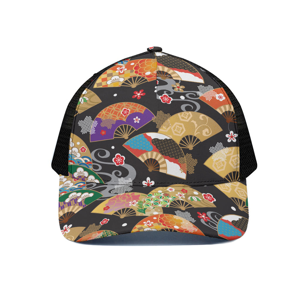 Japanese Hand Fan Pattern Print Black Mesh Trucker Cap