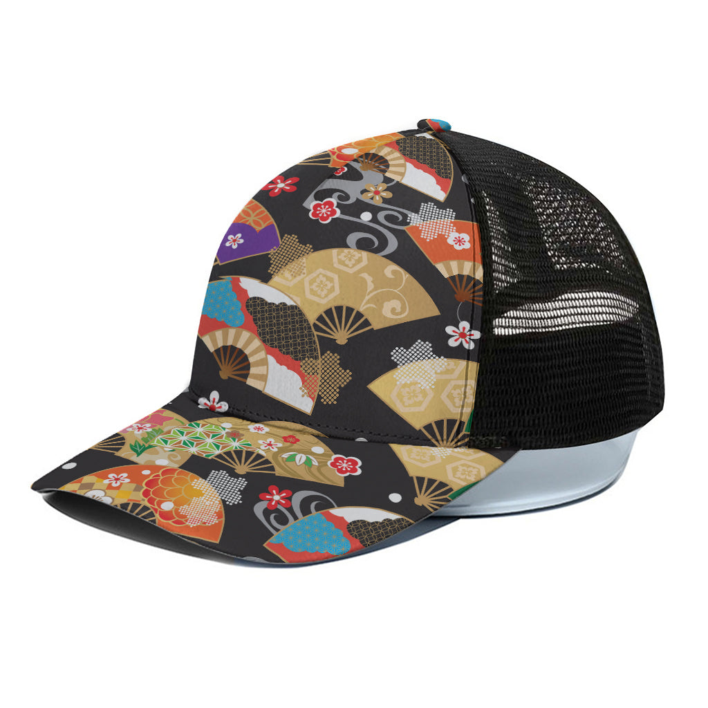 Japanese Hand Fan Pattern Print Black Mesh Trucker Cap