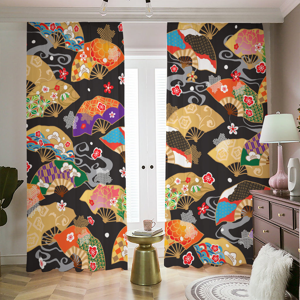 Japanese Hand Fan Pattern Print Blackout Pencil Pleat Curtains