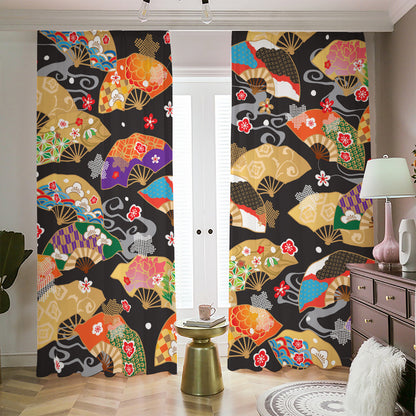 Japanese Hand Fan Pattern Print Blackout Pencil Pleat Curtains