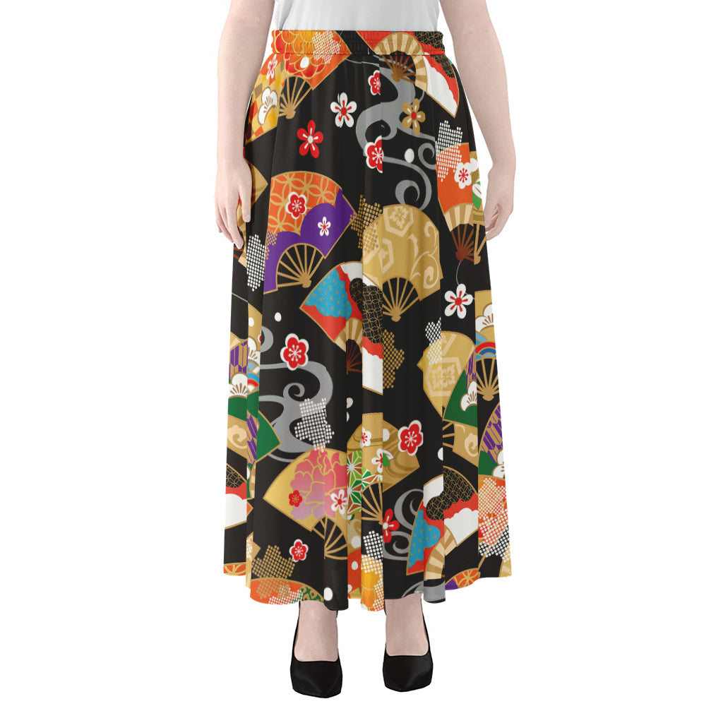 Japanese Hand Fan Pattern Print Chiffon Maxi Skirt