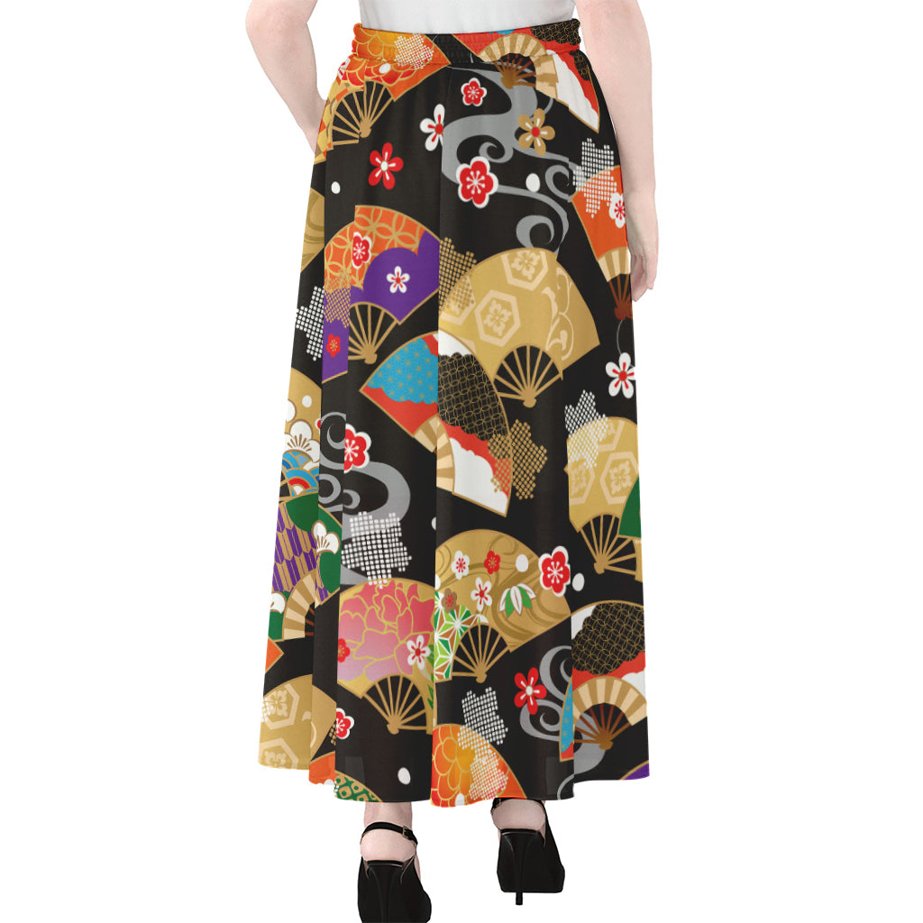 Japanese Hand Fan Pattern Print Chiffon Maxi Skirt