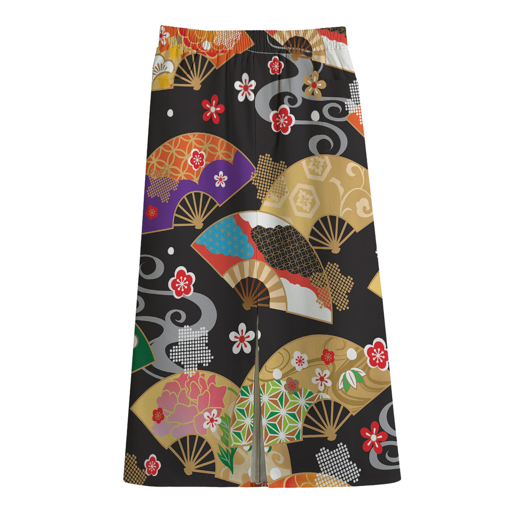 Japanese Hand Fan Pattern Print Cotton Front Slit Maxi Skirt