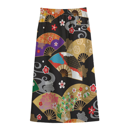 Japanese Hand Fan Pattern Print Cotton Front Slit Maxi Skirt