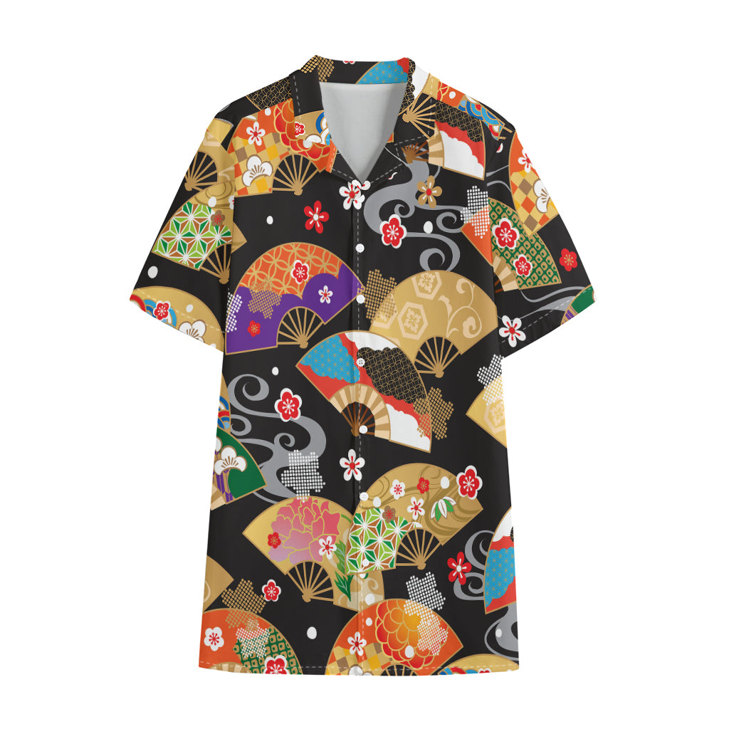 Japanese Hand Fan Pattern Print Cotton Hawaiian Shirt