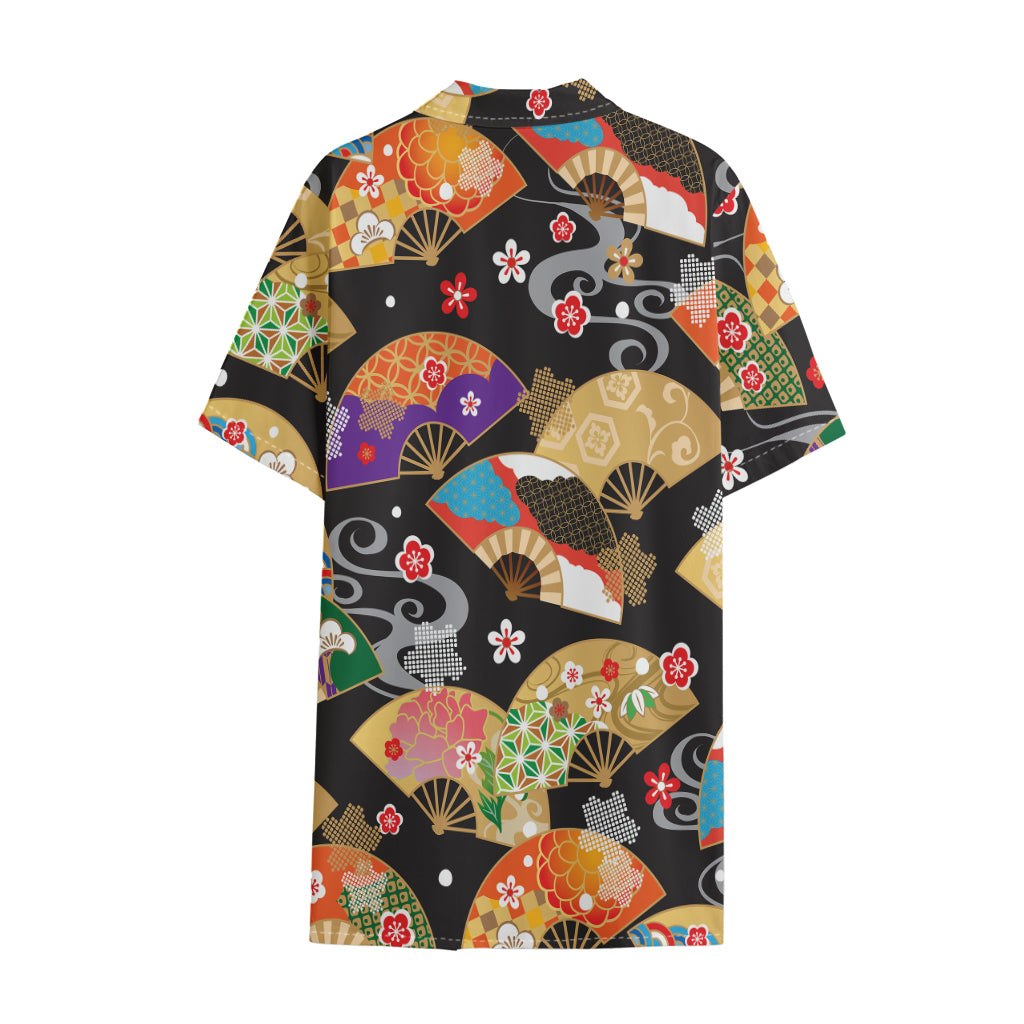 Japanese Hand Fan Pattern Print Cotton Hawaiian Shirt