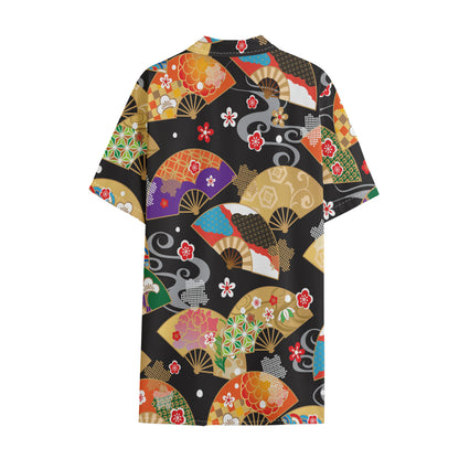 Japanese Hand Fan Pattern Print Cotton Hawaiian Shirt