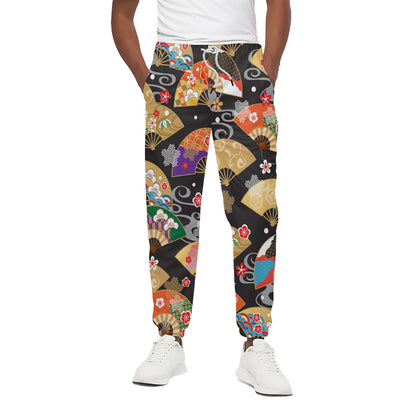 Japanese Hand Fan Pattern Print Cotton Pants