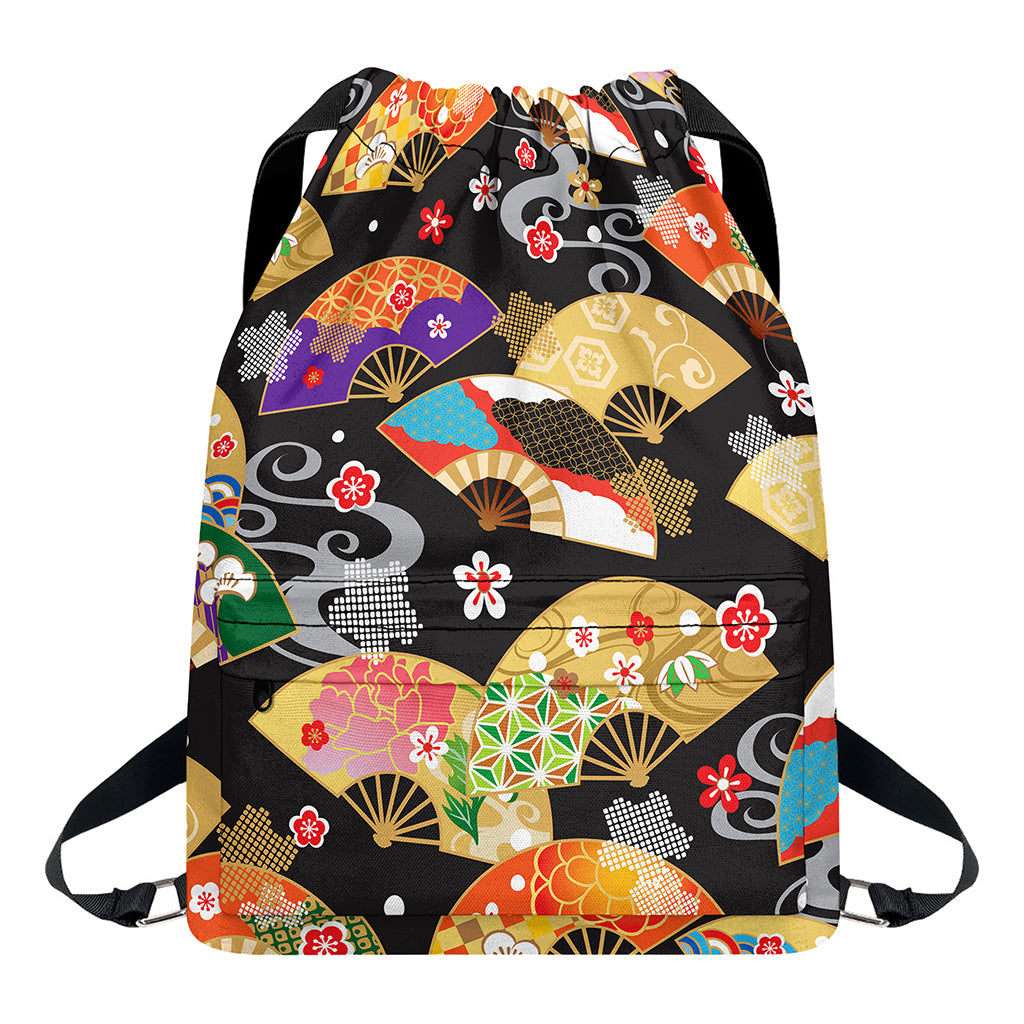 Japanese Hand Fan Pattern Print Drawstring Backpack