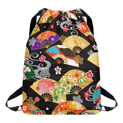 Japanese Hand Fan Pattern Print Drawstring Backpack