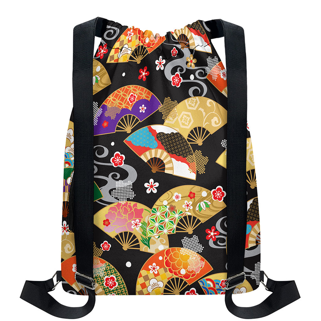 Japanese Hand Fan Pattern Print Drawstring Backpack