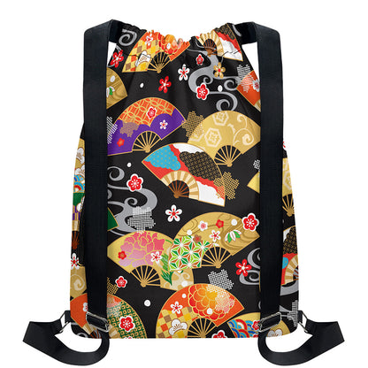 Japanese Hand Fan Pattern Print Drawstring Backpack