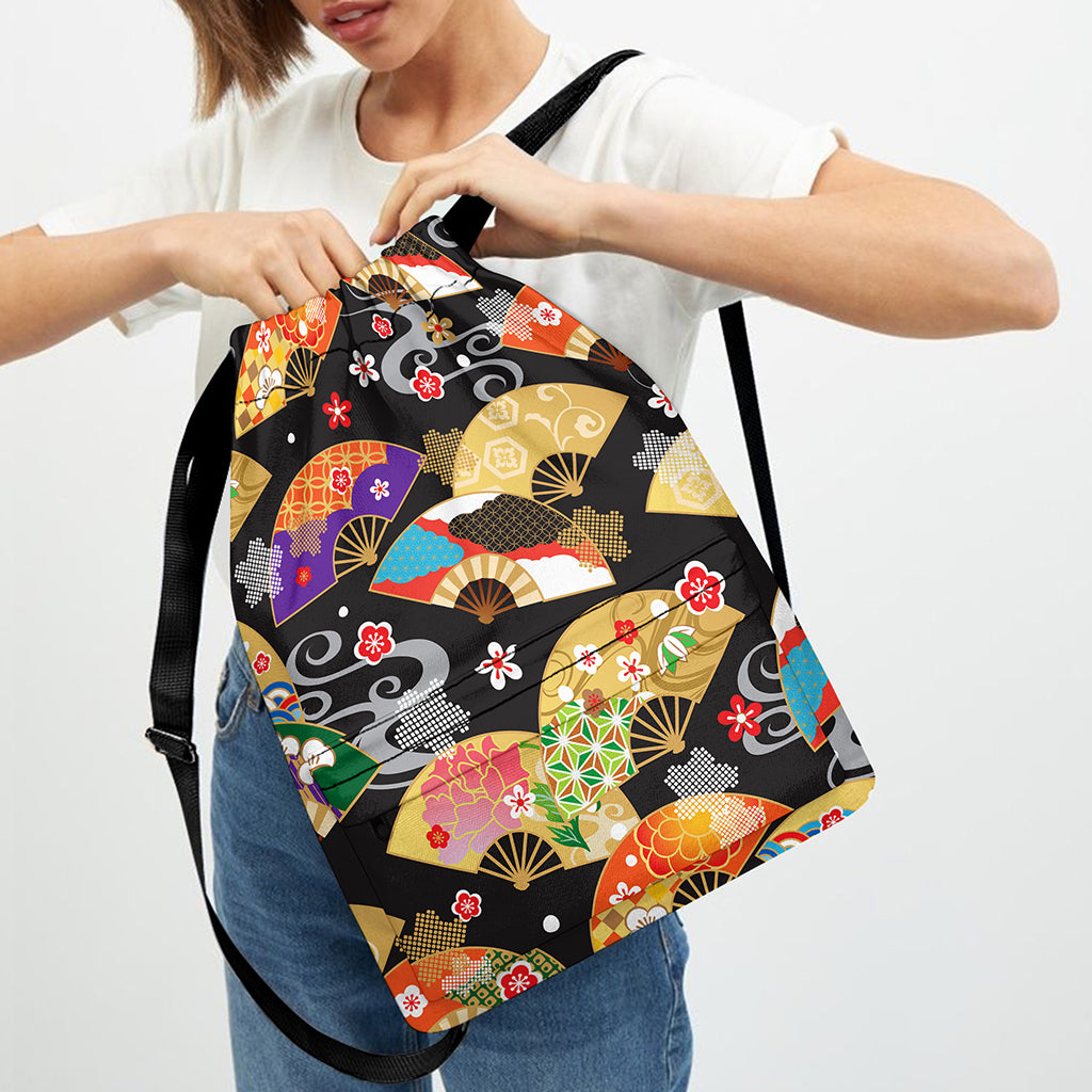 Japanese Hand Fan Pattern Print Drawstring Backpack