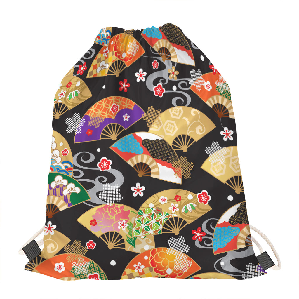 Japanese Hand Fan Pattern Print Drawstring Bag