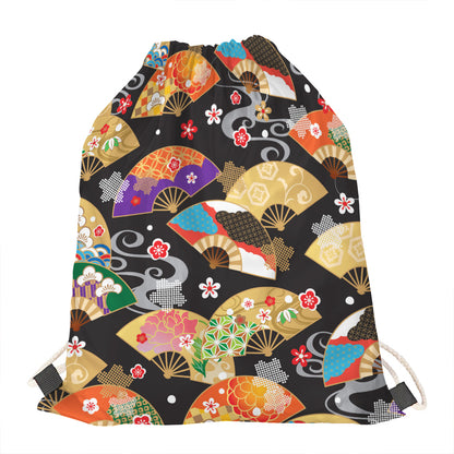 Japanese Hand Fan Pattern Print Drawstring Bag