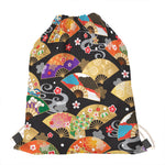 Japanese Hand Fan Pattern Print Drawstring Bag