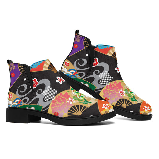 Japanese Hand Fan Pattern Print Flat Ankle Boots