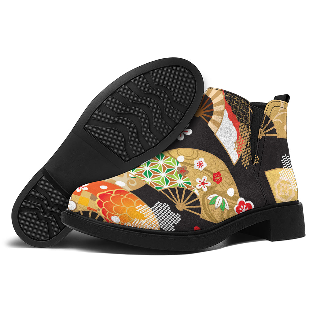 Japanese Hand Fan Pattern Print Flat Ankle Boots
