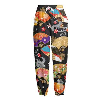 Japanese Hand Fan Pattern Print Fleece Lined Knit Pants