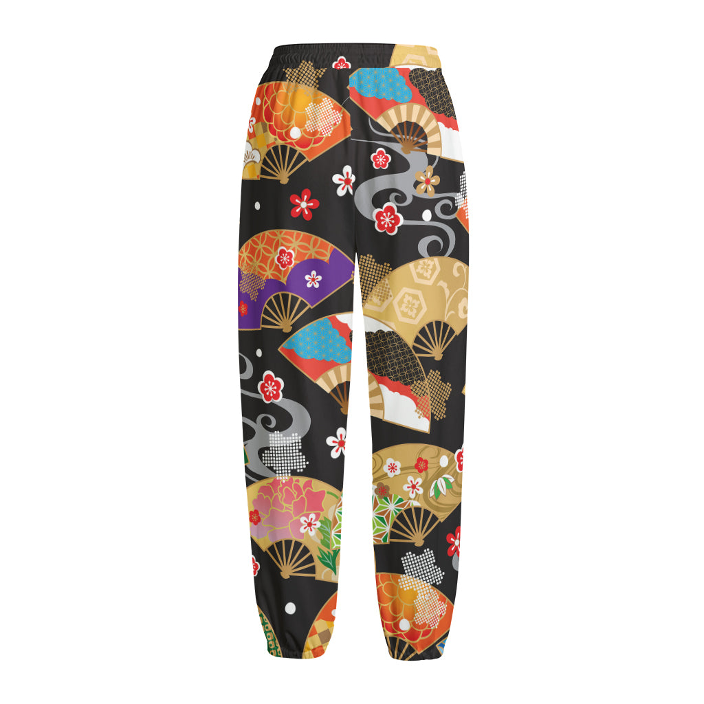 Japanese Hand Fan Pattern Print Fleece Lined Knit Pants