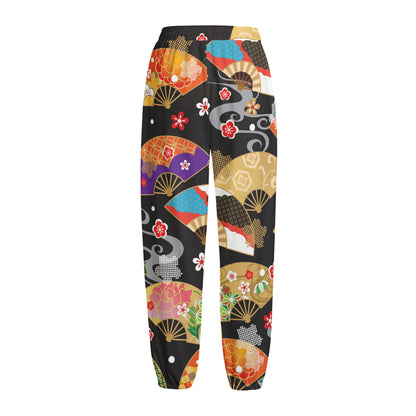 Japanese Hand Fan Pattern Print Fleece Lined Knit Pants