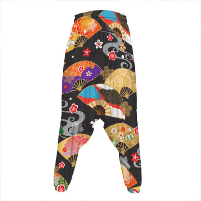 Japanese Hand Fan Pattern Print Hammer Pants
